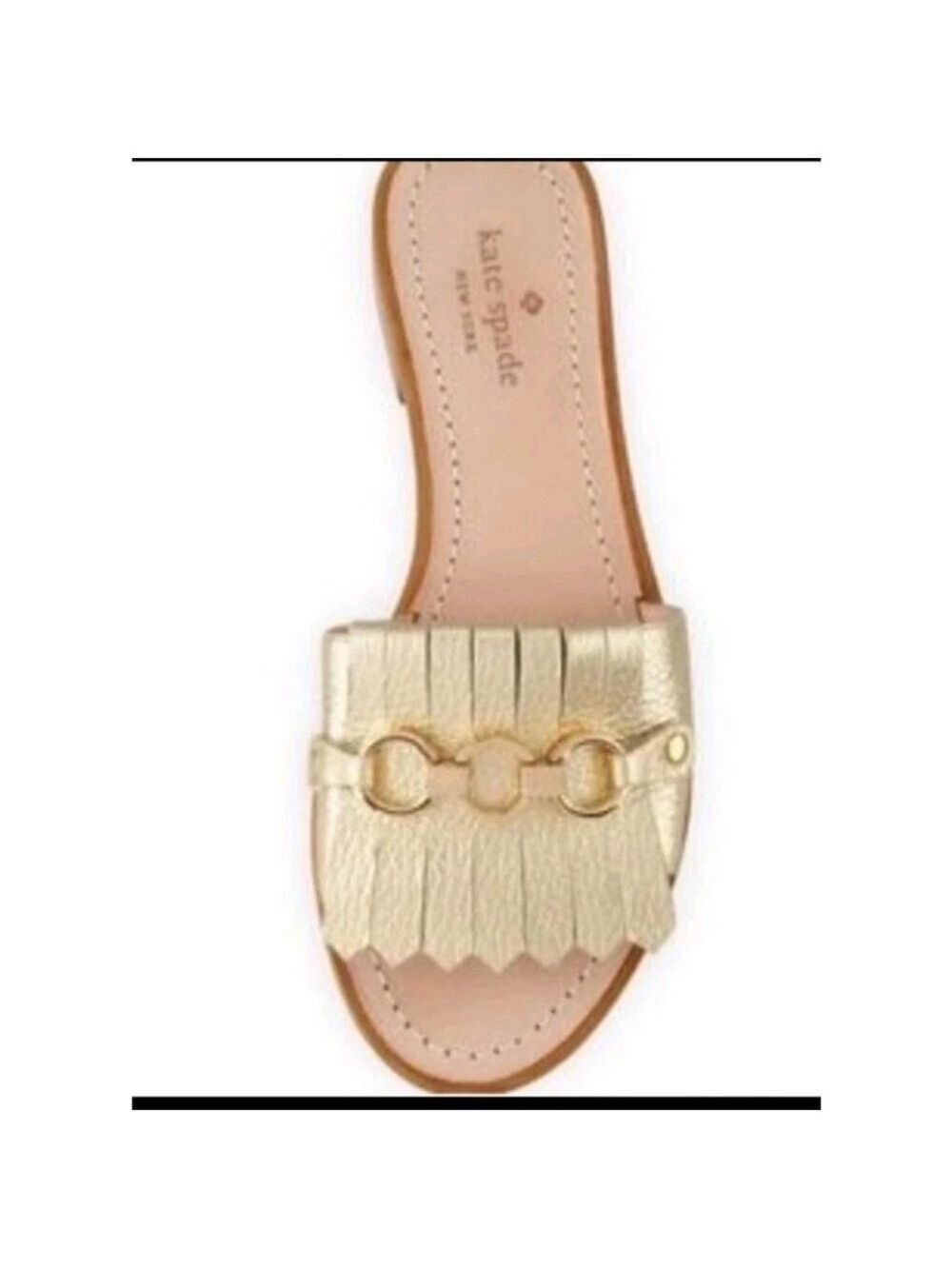 KATE SPADE NEW YORK Brie Fringe Gold Leather Slide Chain Sandals Size 8.5 EUC